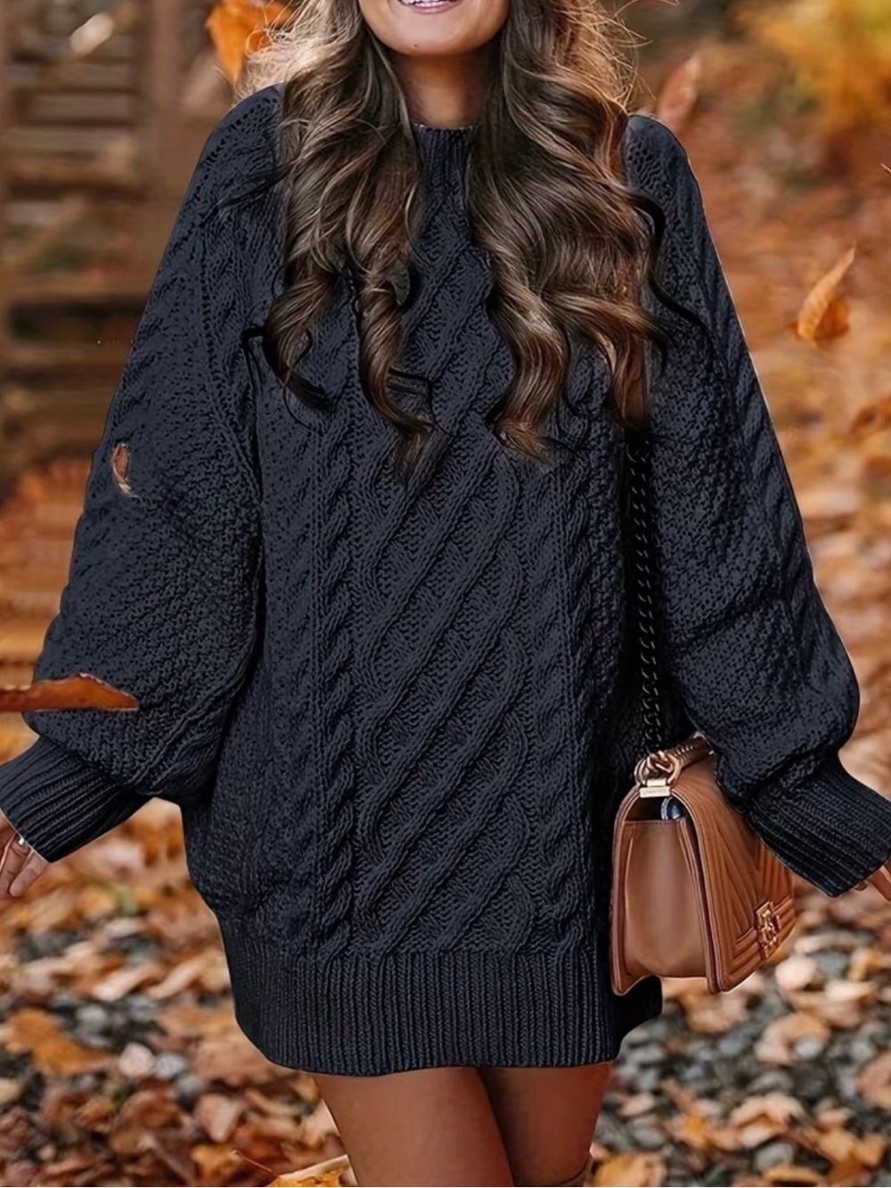 Black Cable-Knit Oversized Women's Sweater Dress [Vika Sweater]